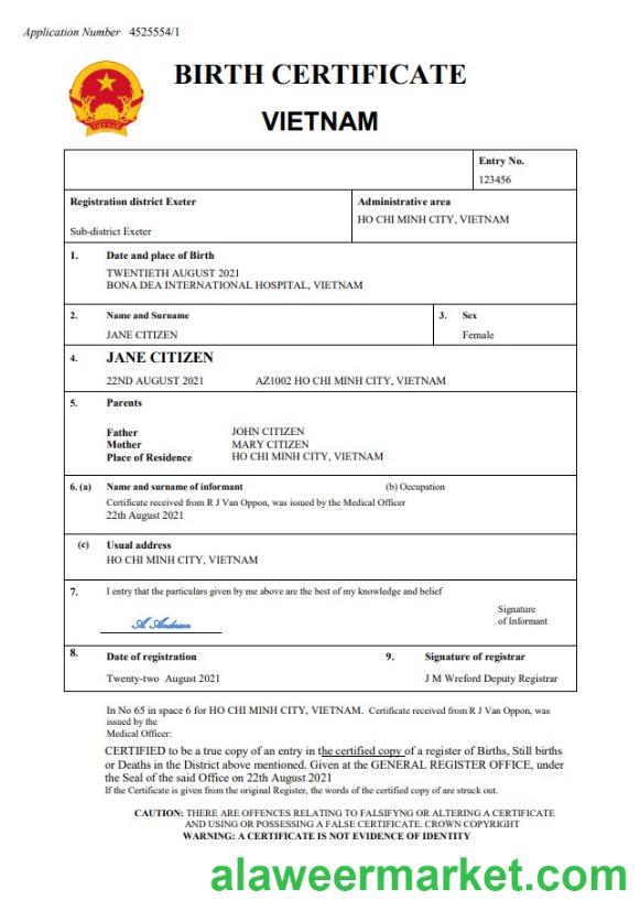 Vietnam birth certificate Word and PDF template